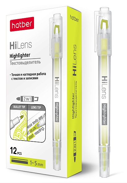 Маркер текстовый "hatber hi-lens" двухсторонний резец/конус 1 mm/5 mm жел.