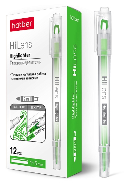 Маркер текстовый "hatber hi-lens" двухсторонний резец/конус 1 mm/5 mm зел.