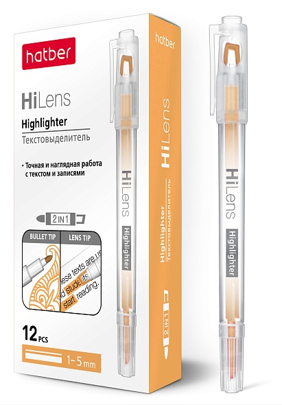 Маркер текстовый "hatber hi-lens" двухсторонний резец/конус 1 mm/5 mm оранж.