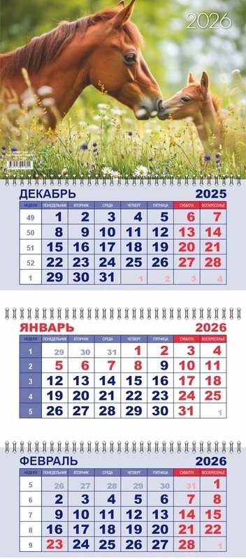 Календарь настенный 3-блочный 2026 "год лошади. семья" + бегунок