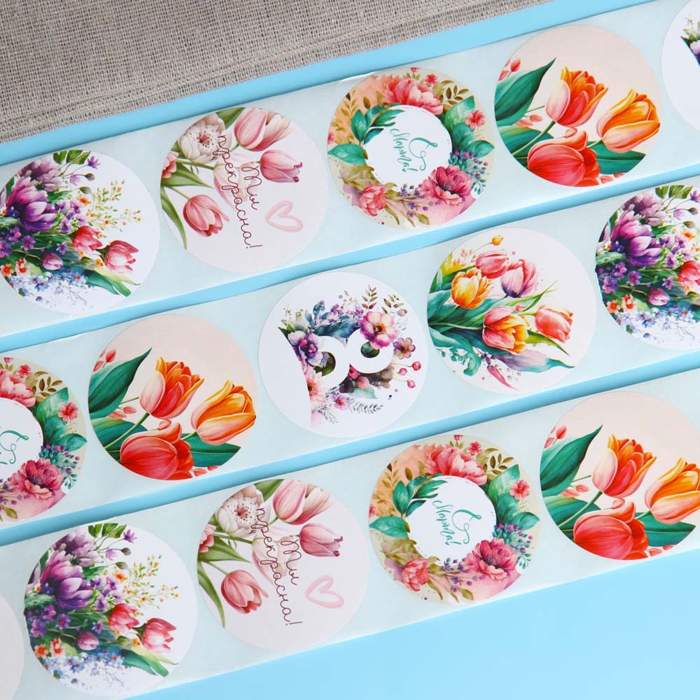 Наклейки "акварельные цветы" 252шт. на подарок в рулоне