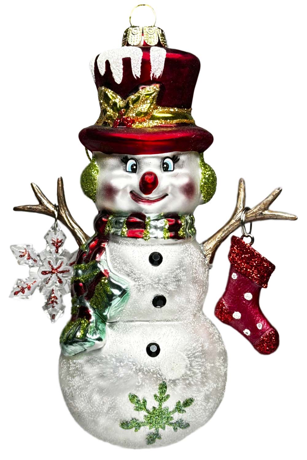 Украшение "снеговик руки-веточки рождественский в красном цилиндре" 10,5х5х15см (стекло)