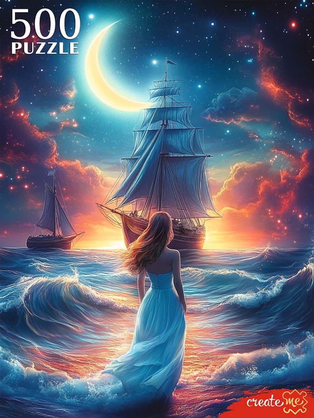 Пазлы 500 дет. "девушка у ночного моря" (рыжий кот)