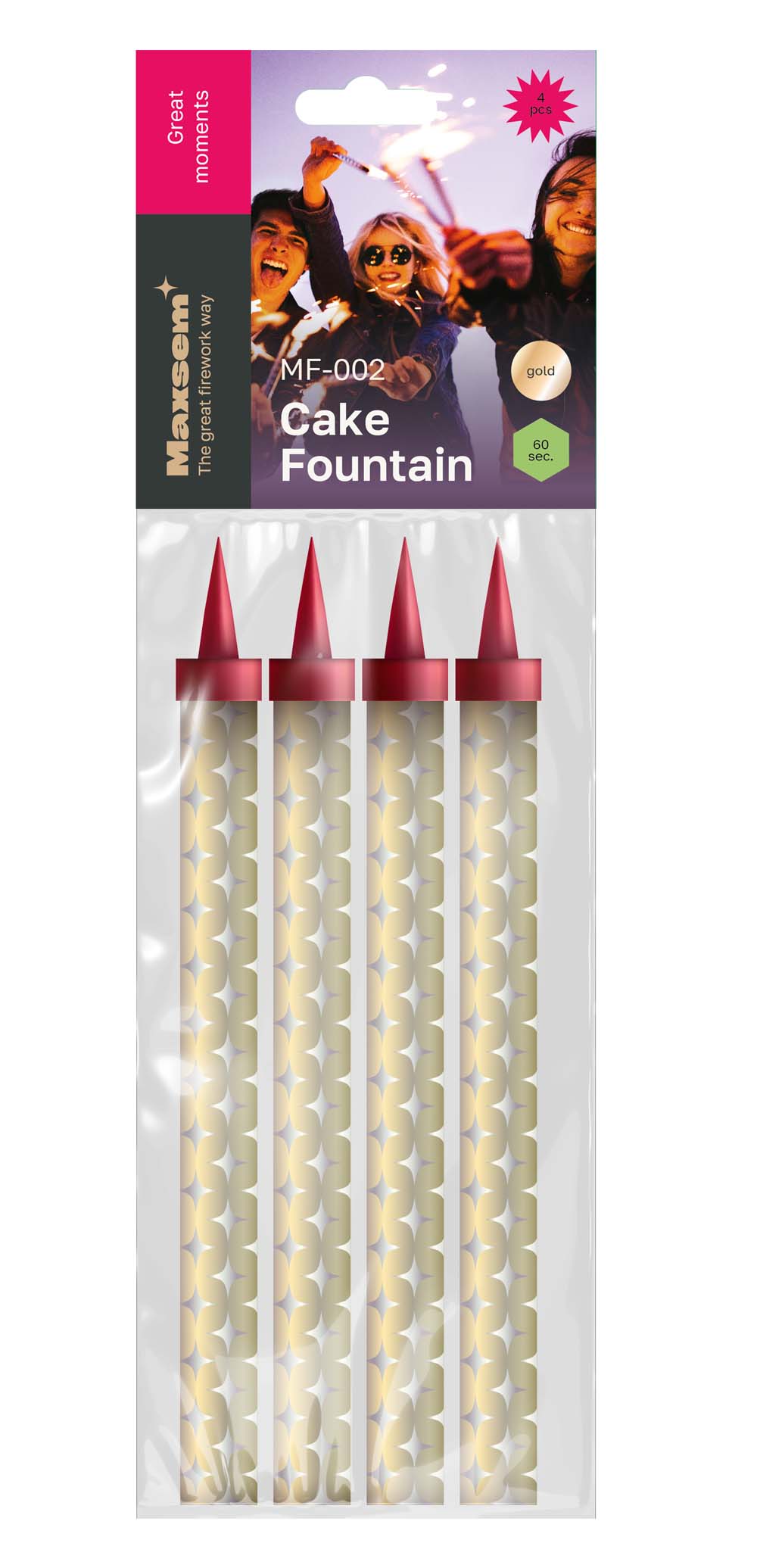 Набор свечей для торта 4шт. 15см "фонтан" золотые искры (60сек.)