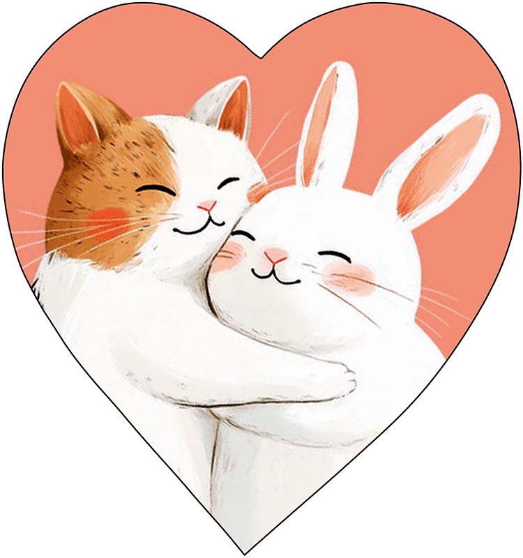 Открытка мини 6х6см "кролик и котёнок"