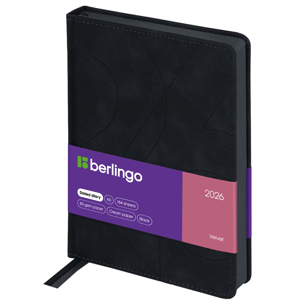 Ежедневник 2026 а5 berlingo "velvet" чёрный с цветным срезом,тонир.блок,кож.зам.