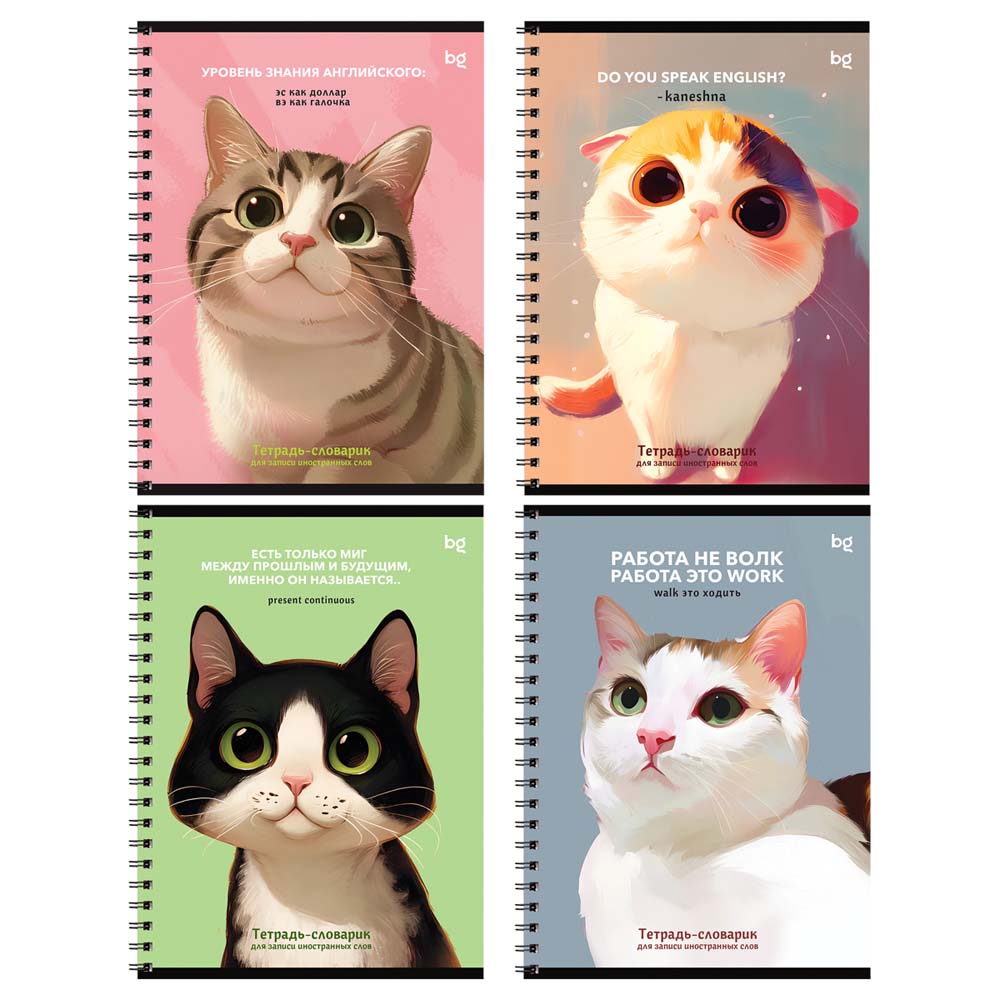 Тетрадь 48л. а5 д/записи иностр.сл. "умные кошки" (bg) лак,асс-т