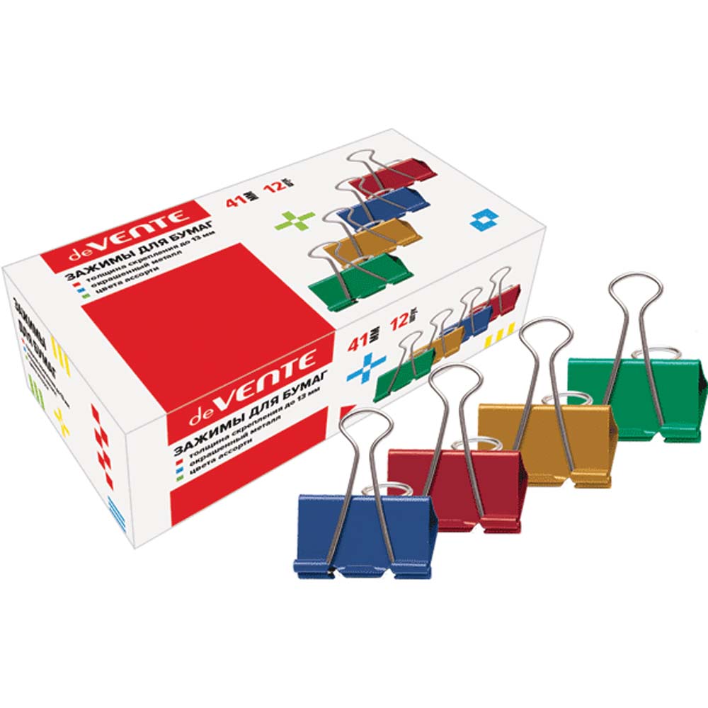 Зажим для бумаг цветной 41мм 12шт devente