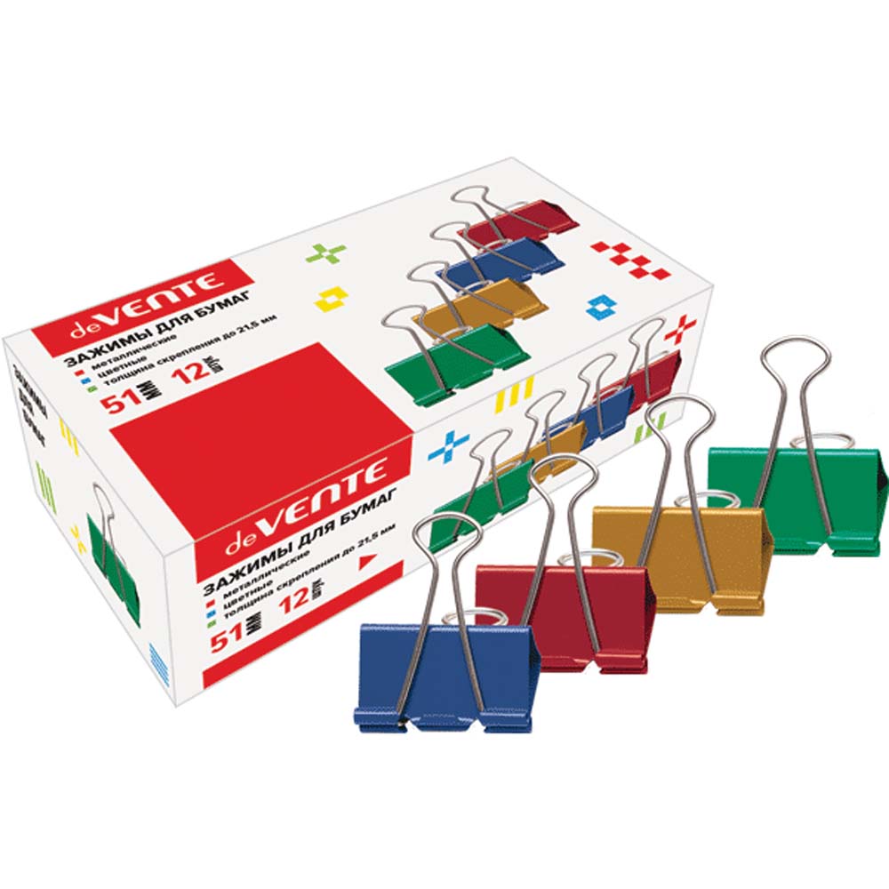 зажим для бумаг цветной 51мм 12шт devente Зажим для бумаг цветной 51мм 12шт devente
