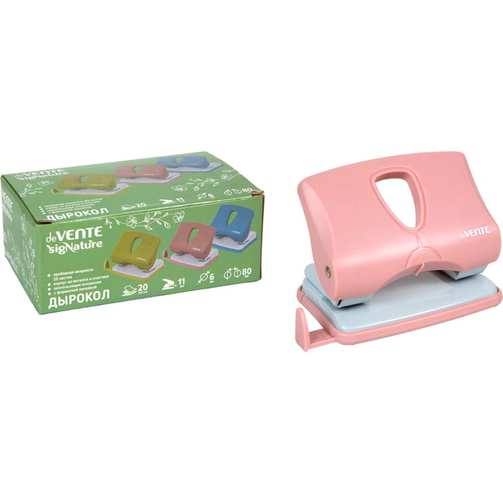 дырокол devente "signature" на 20л. пластик. с линейкой пудрово-розовый Дырокол devente "signature" на 20л. пластик. с линейкой пудрово-розовый