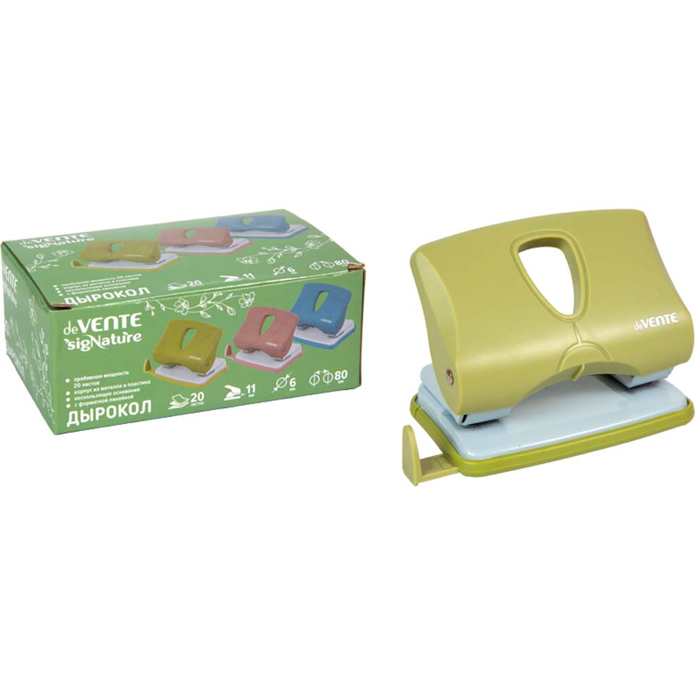 дырокол devente "signature" на 20л. пластик. с линейкой оливковый Дырокол devente "signature" на 20л. пластик. с линейкой оливковый