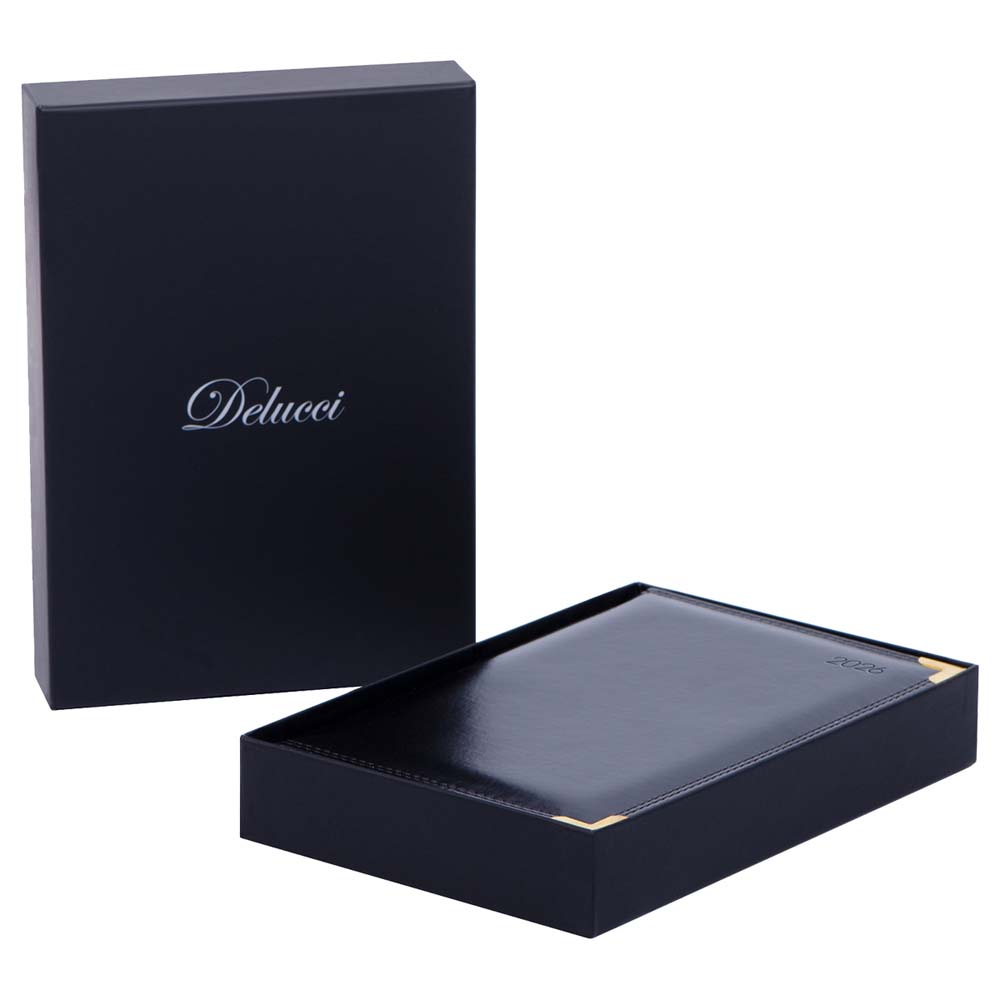 Ежедневник 2026 а5 delucci чёрный с золотым срезом,вырубка,металл.уголок,кож.зам.