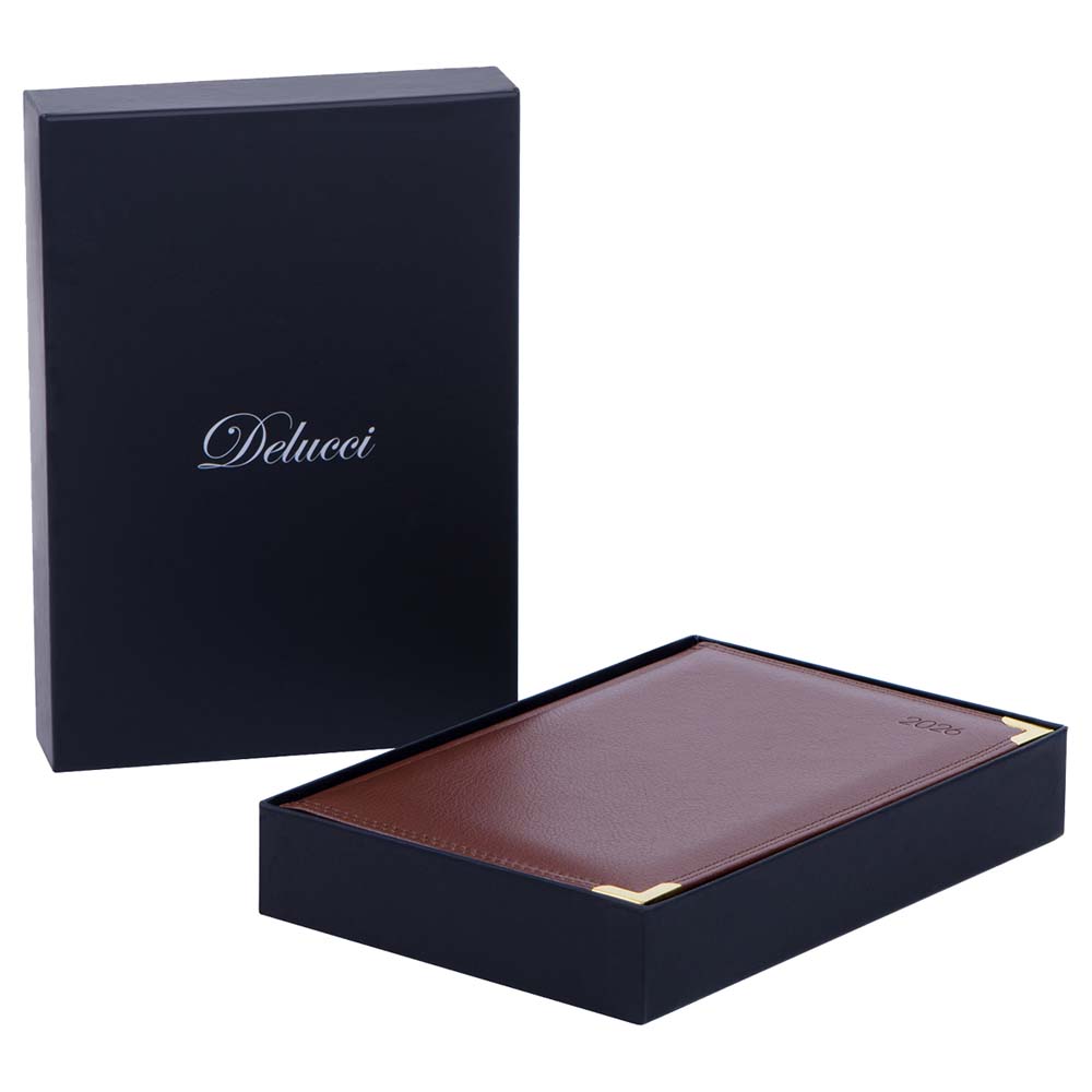 Ежедневник 2026 а5 delucci коричневый с золотым срезом,вырубка,металл.уголок,кож.зам.