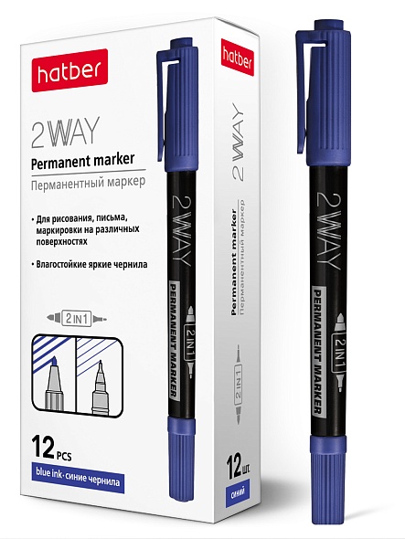 Маркер перманентный hatber "2way" двустор. конус 1,0mm/0,5mm синий