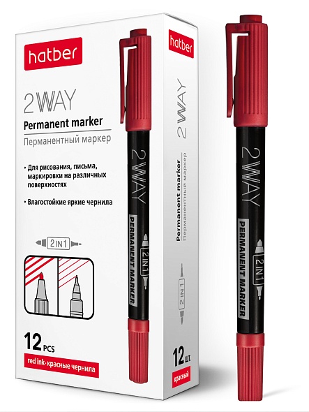 Маркер перманентный hatber "2way" двустор. конус 1,0mm/0,5mm красный