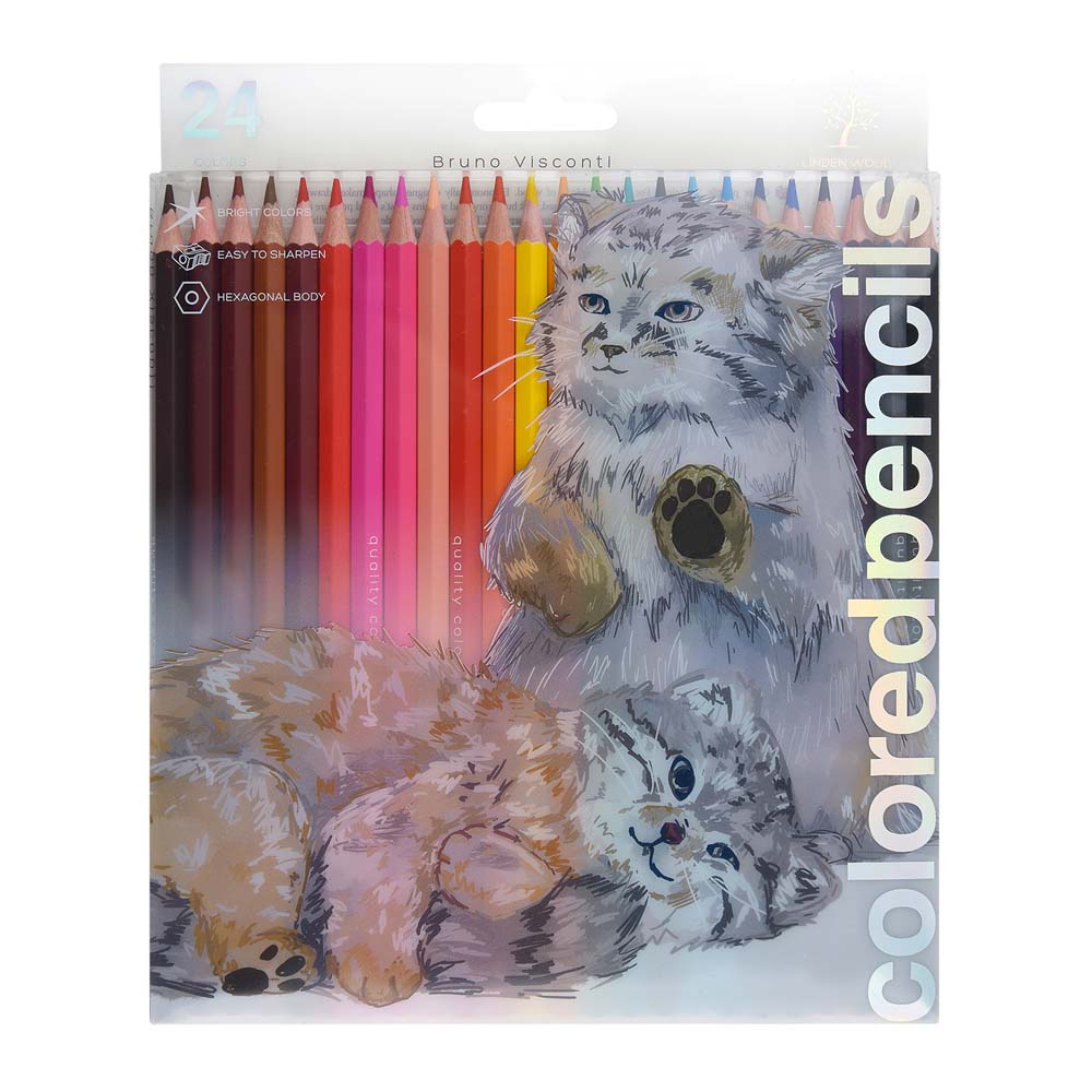Карандаши цветные bruno visconti "cute friends. кот манул" 24цв. шестигран.