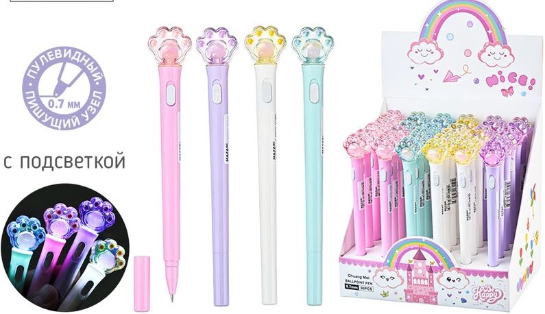 Ручка шар. mazari "лапки" синяя 0,7мм с подсветкой