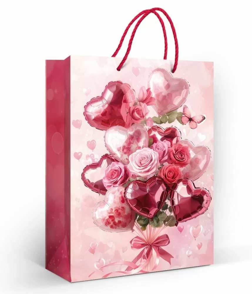 Пакет подарочный "букет из шариков-сердечек и роз" (22х31см)