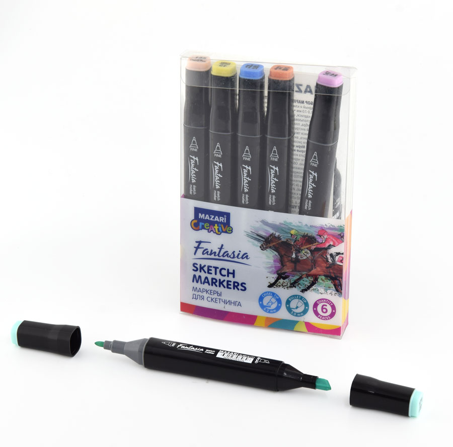 Набор маркеров для скетчинга "mazari" fantasia pastel colors-2" 6цв. конус/резец 3,0мм/6,2мм