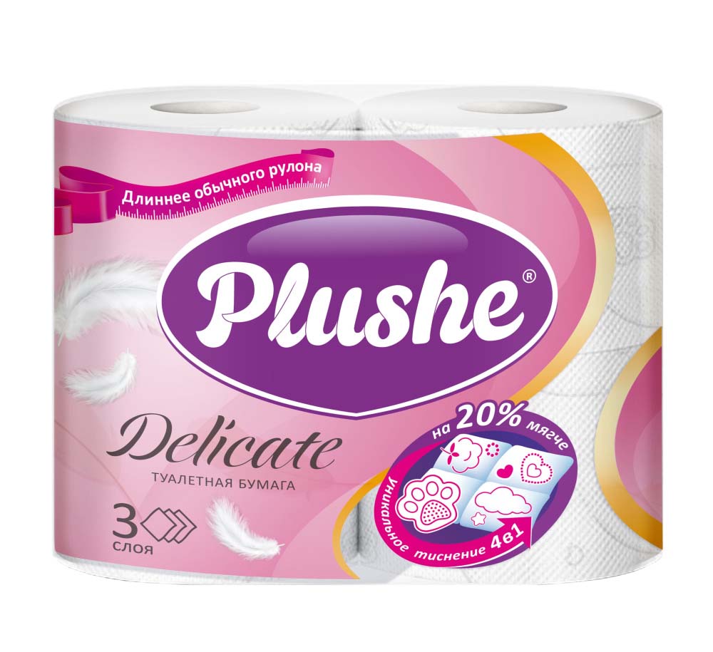 Бумага туалетная "plushe" "delicate" 3 сл.,4 рул.,19м.,белая