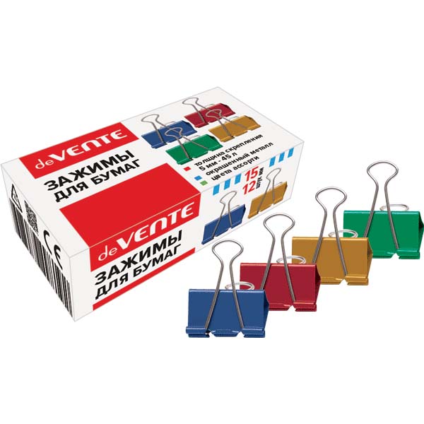 Зажим для бумаг цветной 15мм 12шт devente