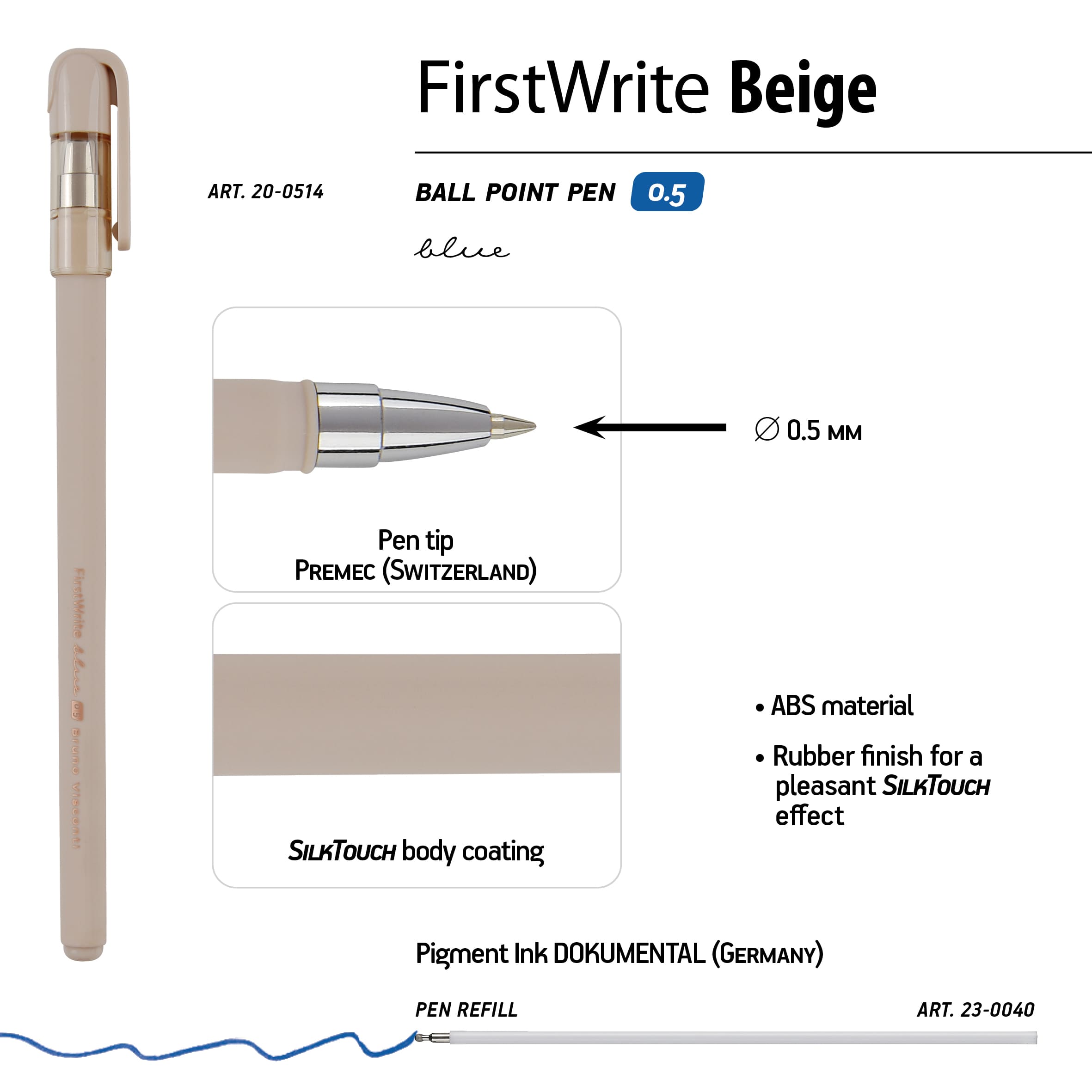 Ручка шар. "bruno visconti" "firstwrite.total beige" 0,5мм синяя