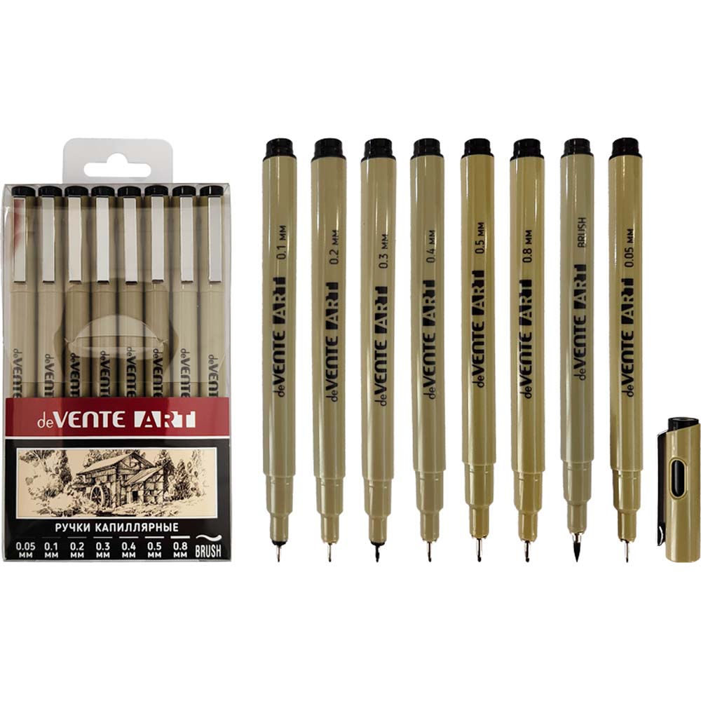 Набор линеров devente "art" 0,05/0,1/0,2/0,3/0,4/0,5/0,8+наконеч.кисть 8шт. чёрные разовые