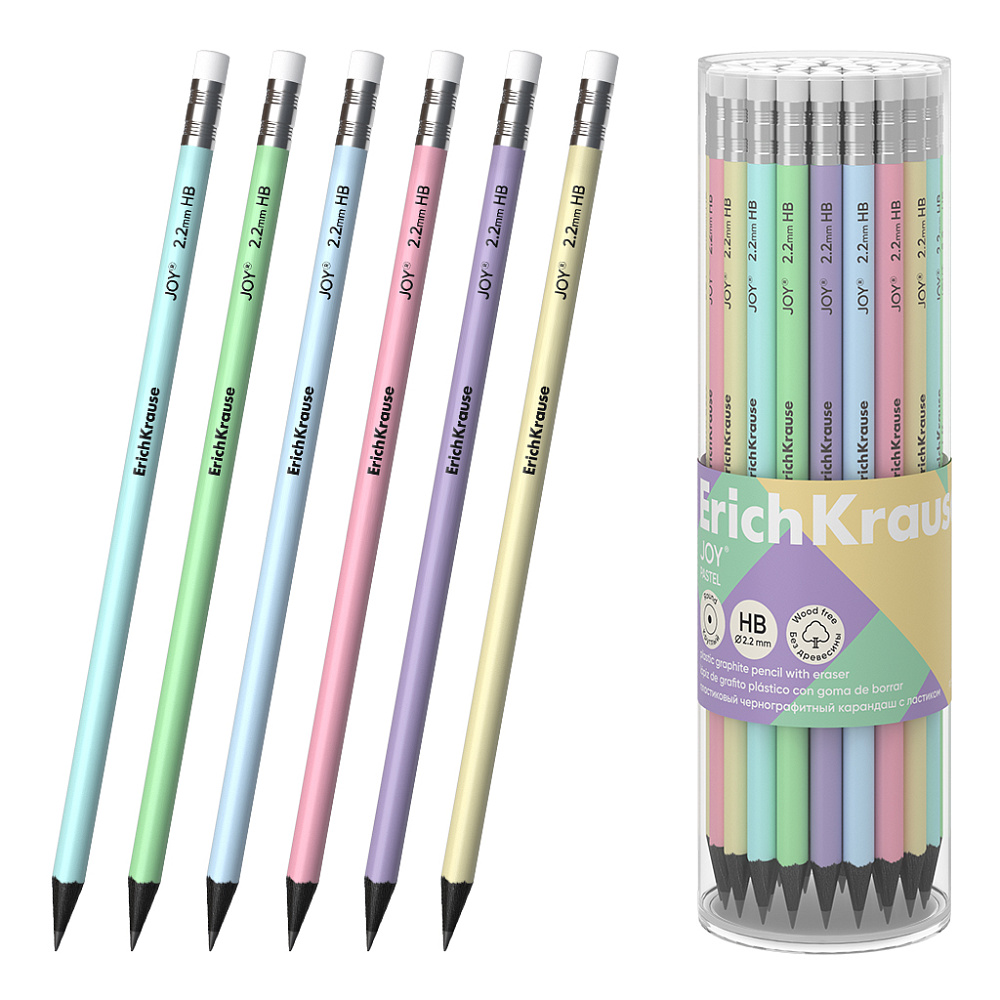 Карандаш с резинкой erich krause "joy pastel" hb пластик круглый асс-т