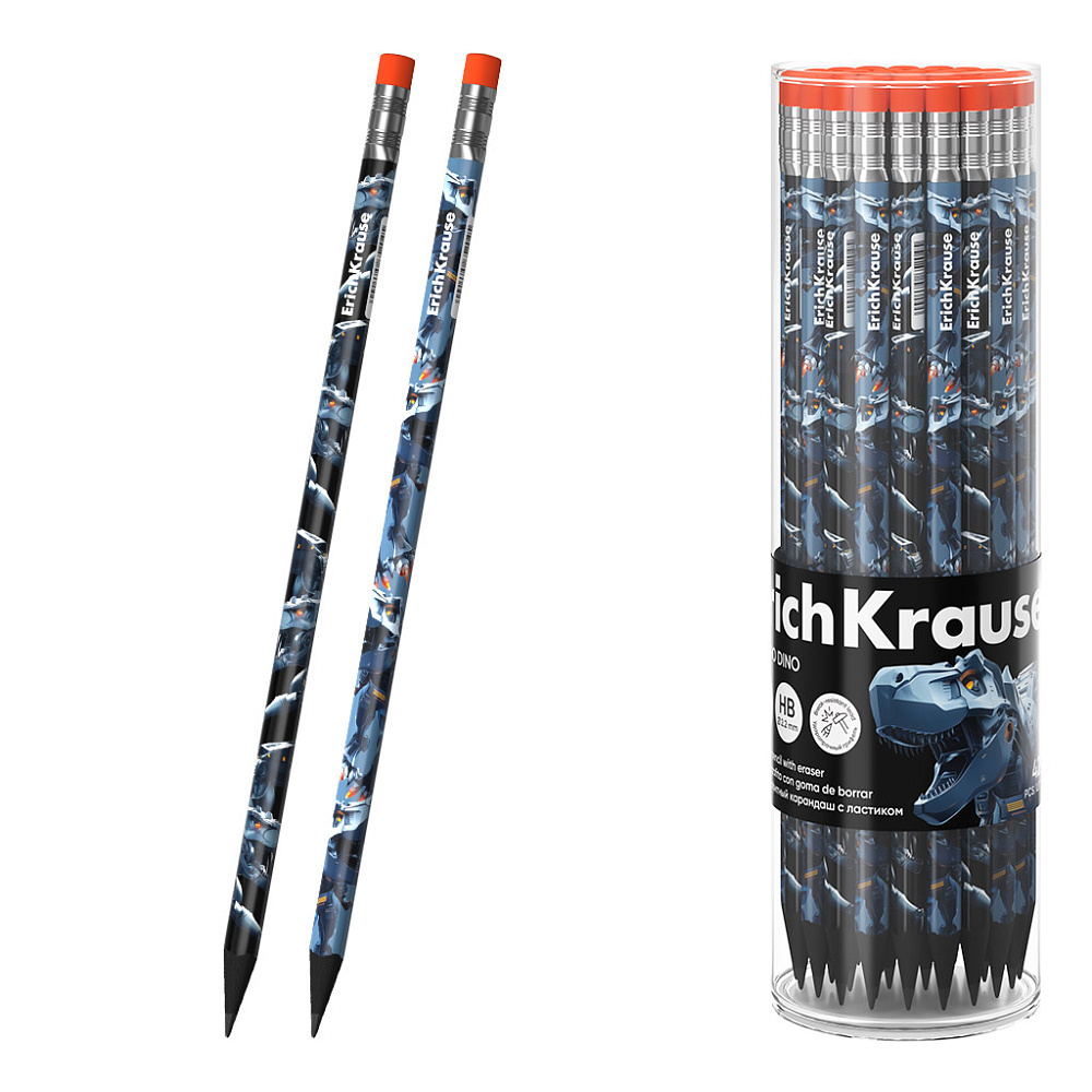 Карандаш с резинкой erich krause "techno dino" hb дерево трёхгран. асс-т