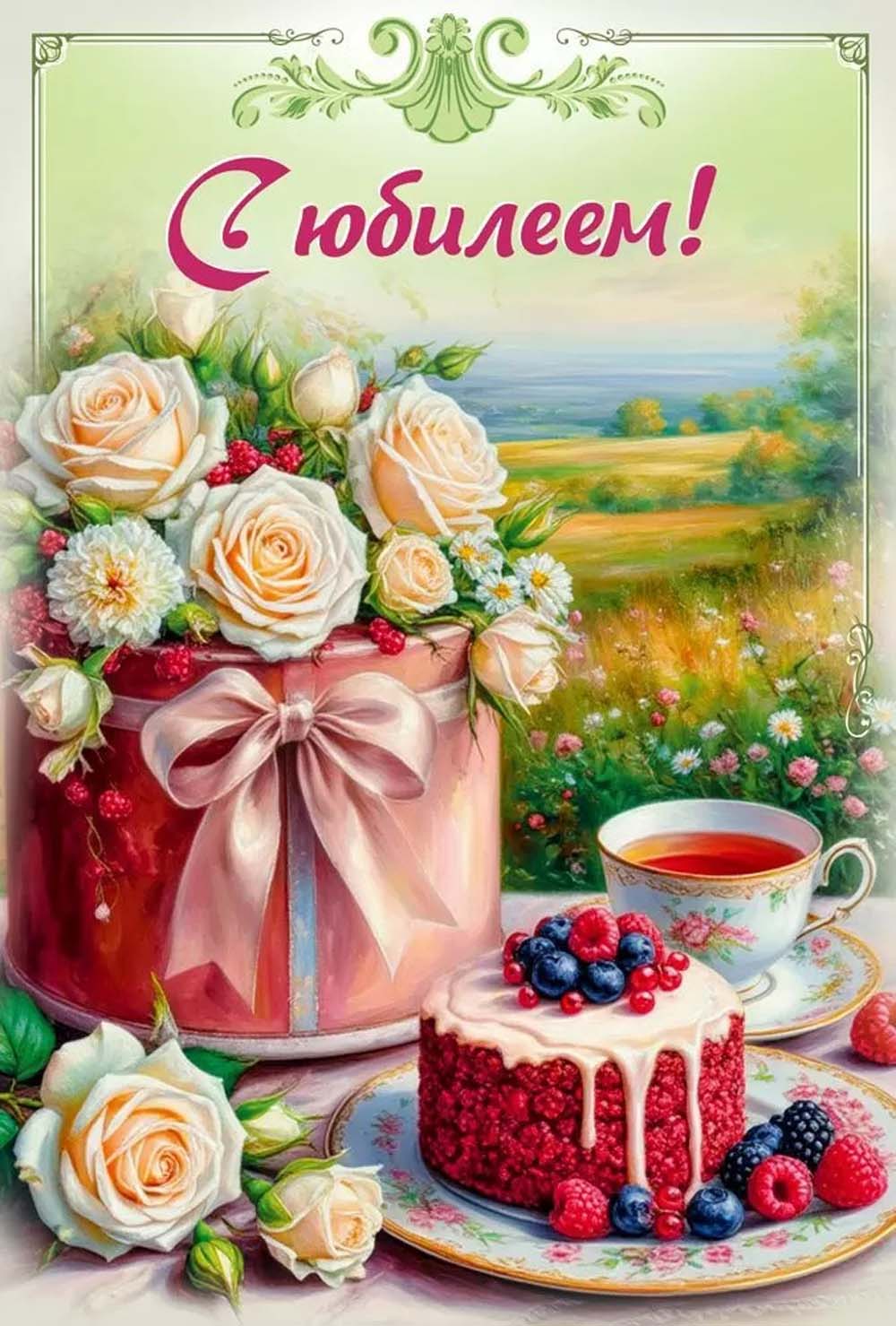 Открытка а5 "с юбилеем!" цветы и торт... + карман блёстки текст