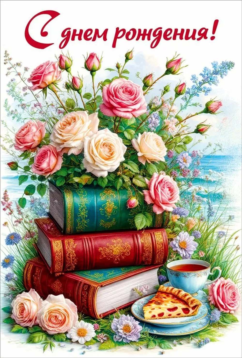 Открытка а5 "с днём рождения!" книги и цветы... + карман блёстки текст