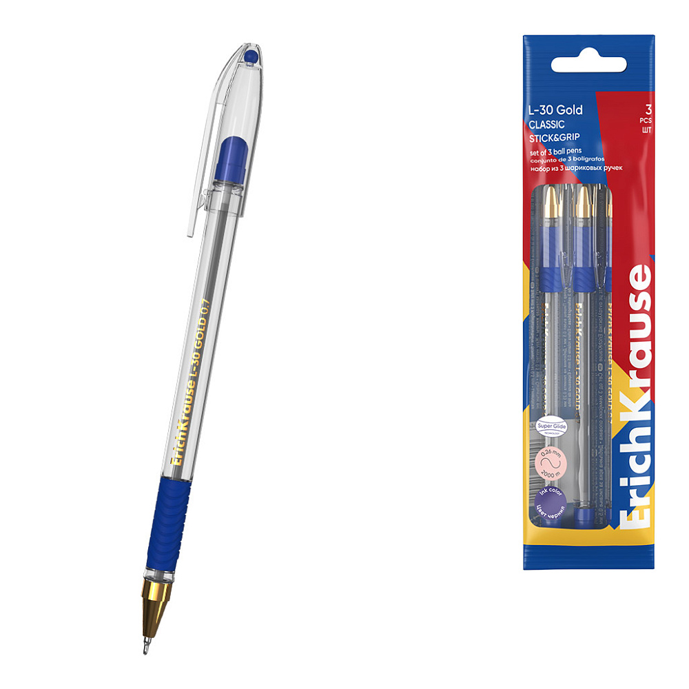 Ручка шар. erich krause "l-30 gold stick&grip classic" синяя 0,5мм