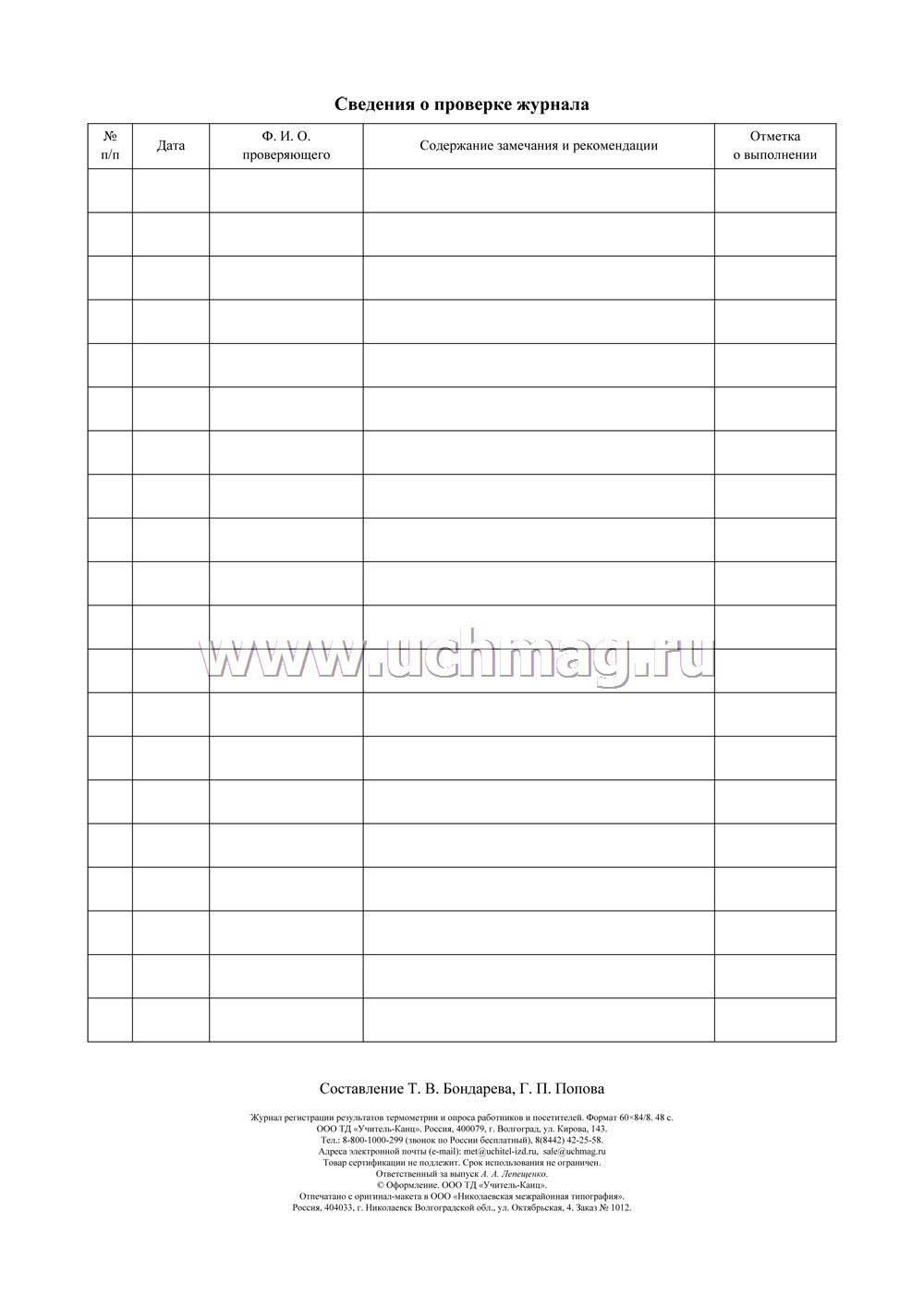 Журнал регистрации результатов термометрии и опросов работников и посетителей