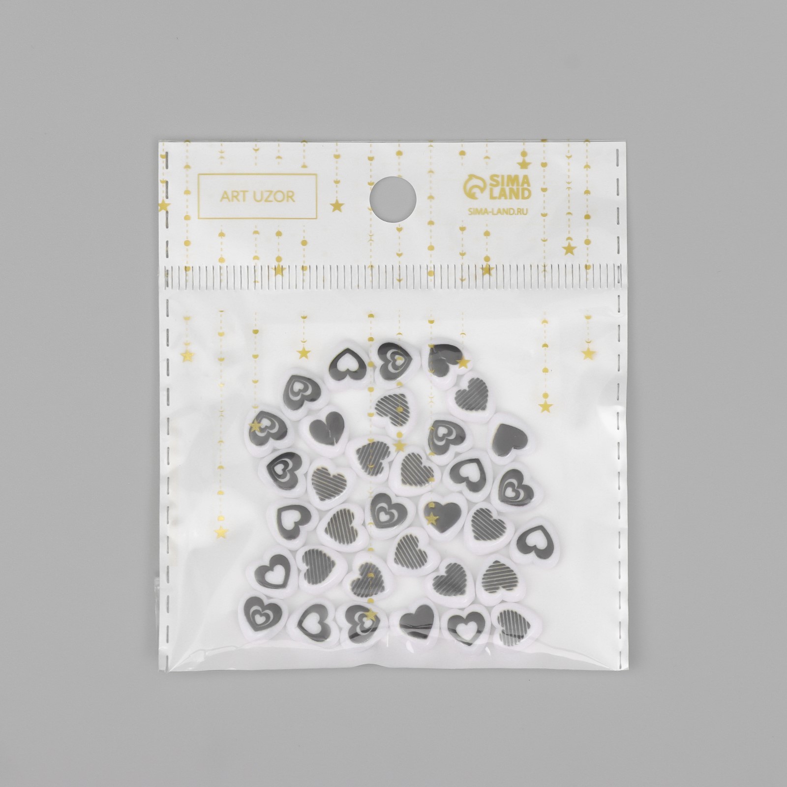 Бусины "нарисованное сердце" бело-черное 0,8х0,4см 30шт пластик