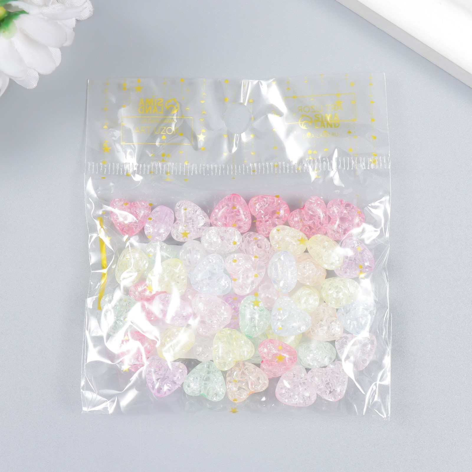 Бусины "сердца битое стекло" ассорти 1см 20гр пластик