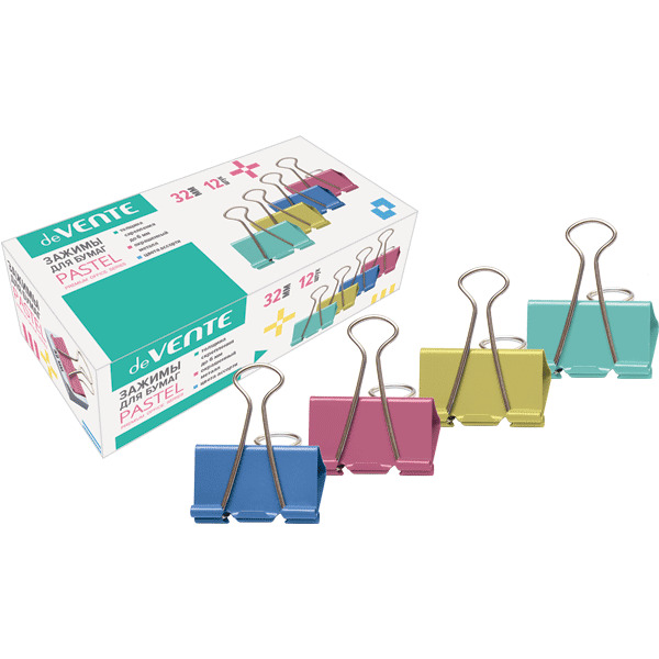 Зажим для бумаг цветной 32мм 12шт. devente "pastel"