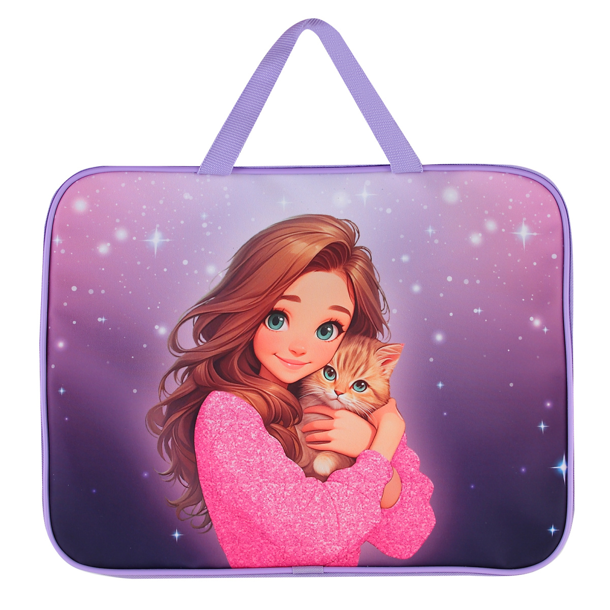 Папка текстиль с ручками 26х34х4см кокос "милашка с котиком" на молнии