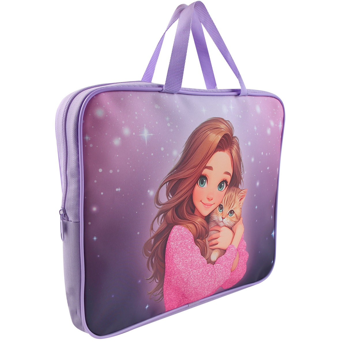 Папка текстиль с ручками 26х34х4см кокос "милашка с котиком" на молнии