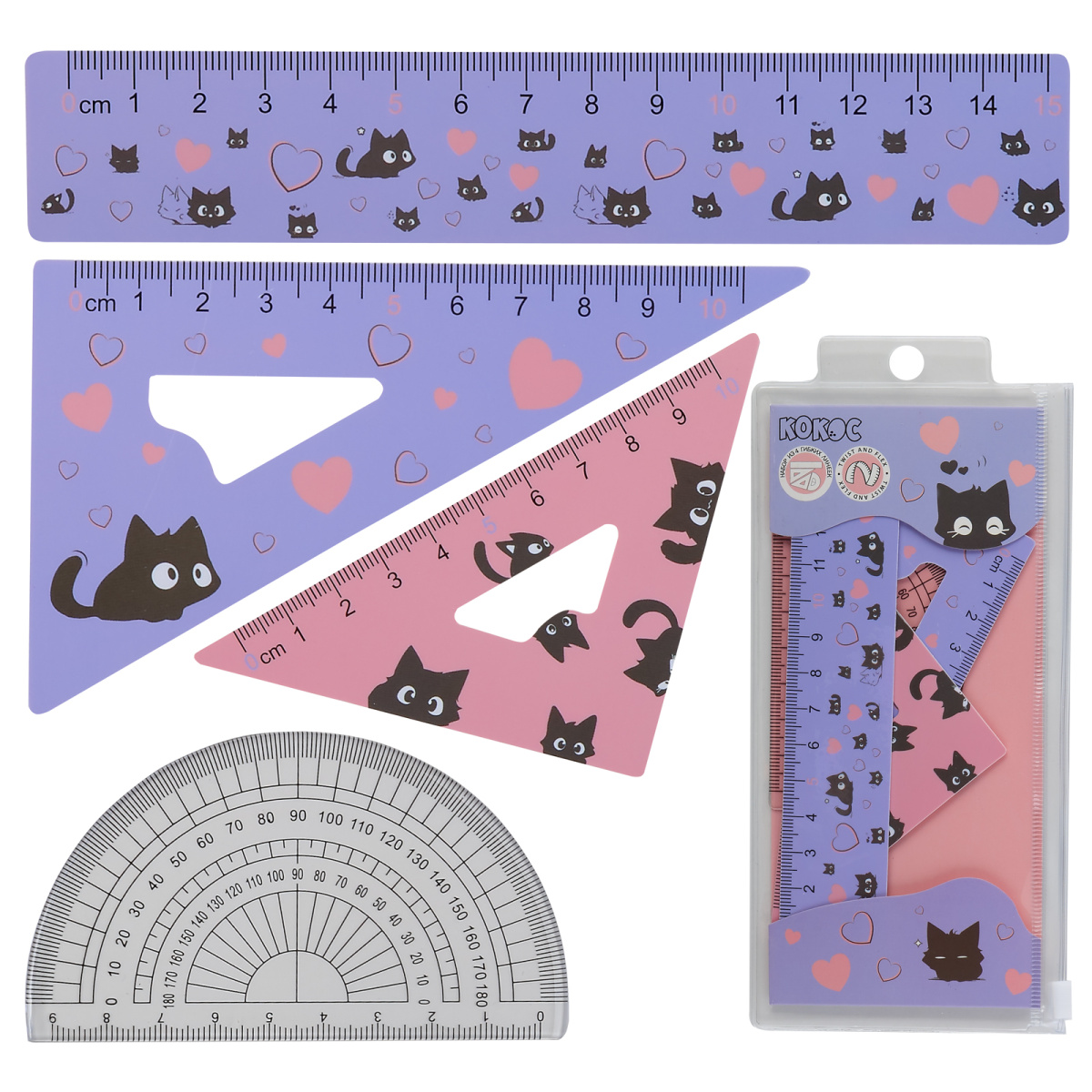 Набор линеек "котомания" (кокос) малый (4 пред.) гибкие