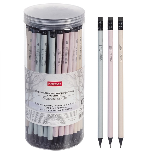 Карандаш с резинкой "hatber mist" круглый корпус черн.дерево ассорти "hb"