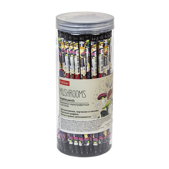 Карандаш с резинкой "hatber" mushrooms/грибы" круглый корпус черн.дерево ассорти "hb"