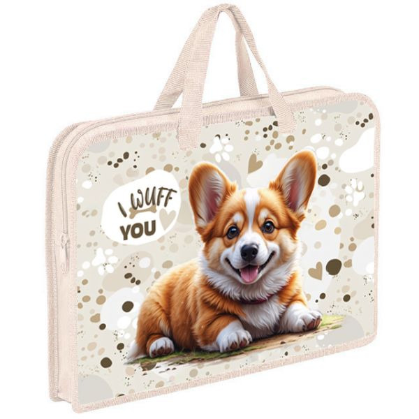 Папка-портфель пласт. а4 оникс "забавный корги" на молнии с ручками