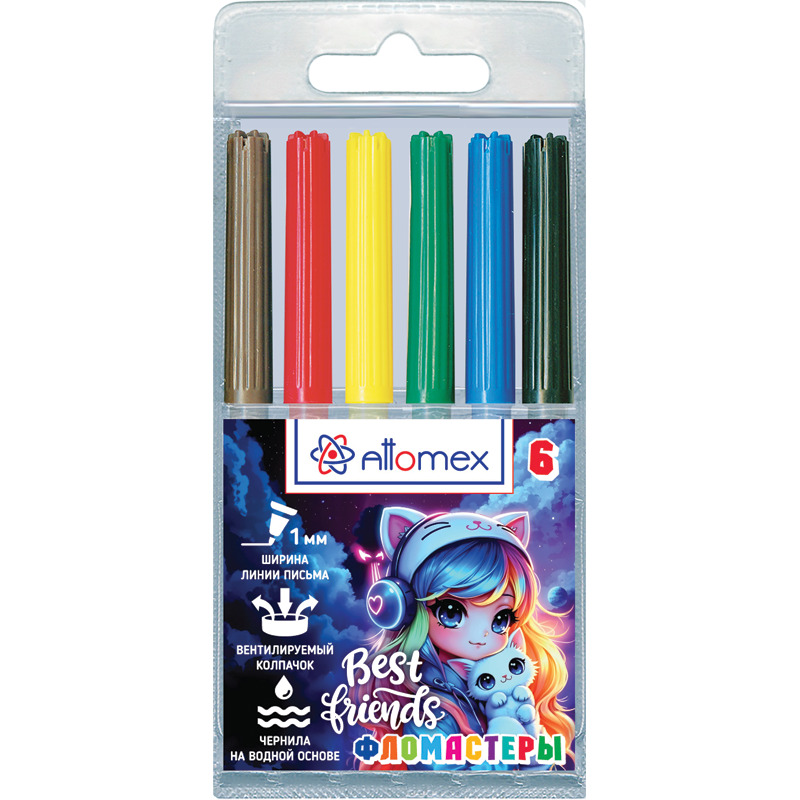 Фломастеры "best friends" 6цв. (attomex) вент.колп.,пл/бл.
