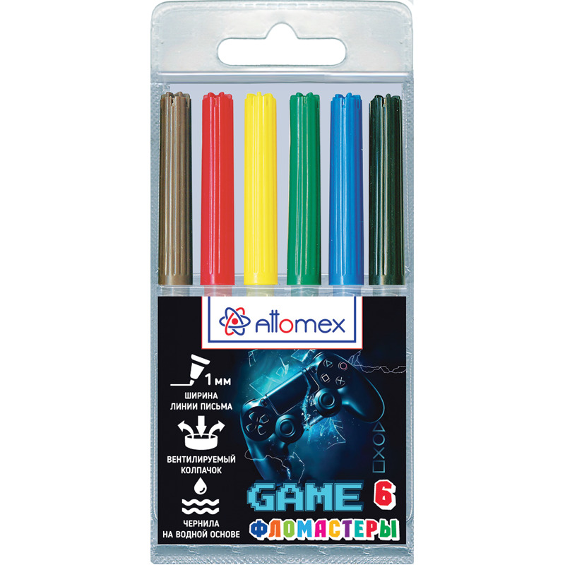 Фломастеры "game" 6цв. (attomex) вент.колп.,пл/бл.