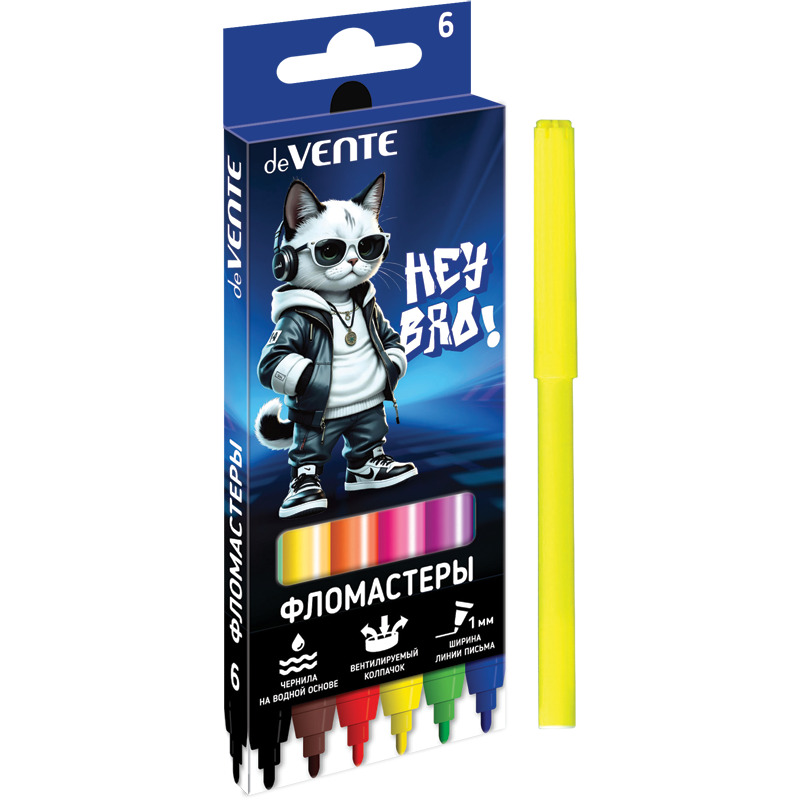 Фломастеры "hey bro" 6цв. (devente) вент.колп.,к/уп.