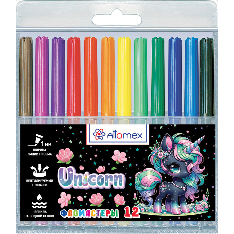 Фломастеры "unicorn" 12цв. (attomex) вент.колп.,пл/бл.