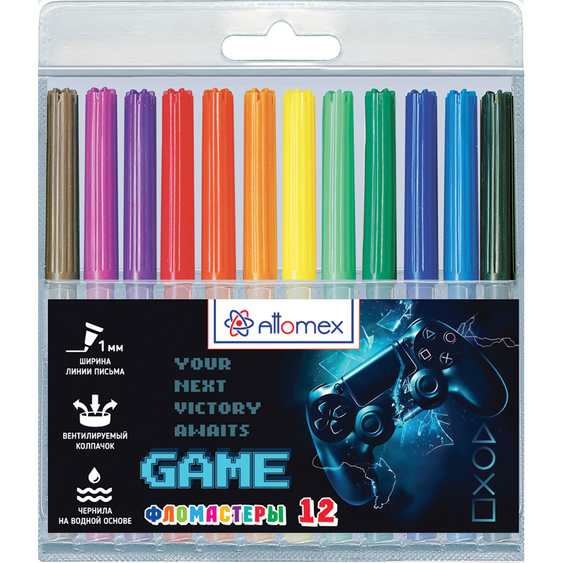 Фломастеры "game" 12цв. (attomex) вент.колп.,пл/бл.
