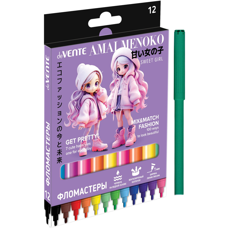 Фломастеры "amai menoko" 12цв. (devente) вент.колп.,к/уп.