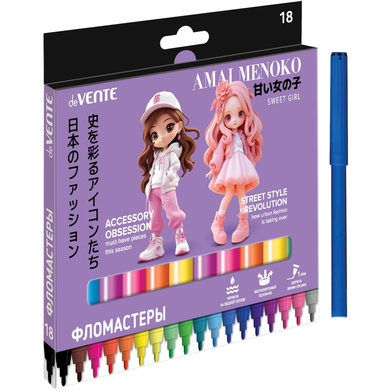 Фломастеры "amai menoko" 18цв. (devente) вент.колп.,к/уп.