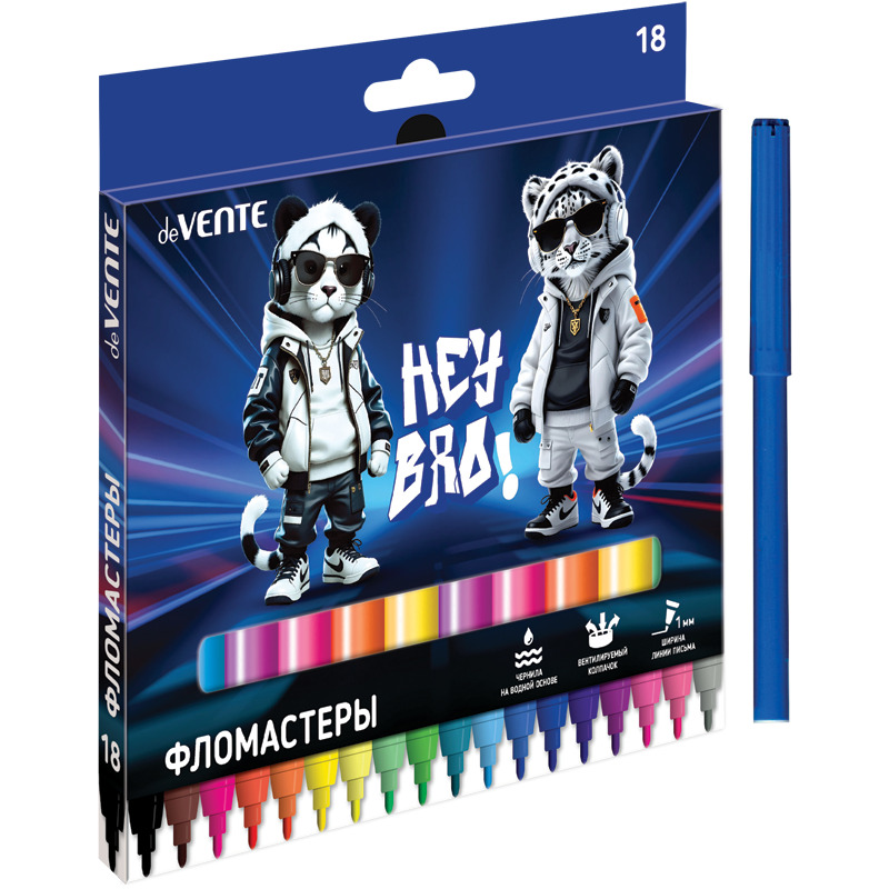 Фломастеры "hey bro" 18цв. (devente) вент.колп.,к/уп.
